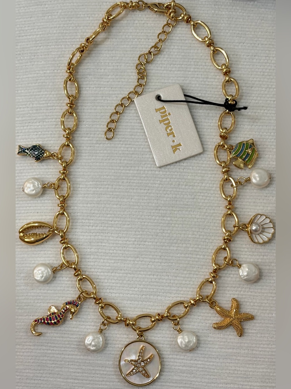 NWT Piper K Gold Plated Beach Charm Necklace with White Pearls